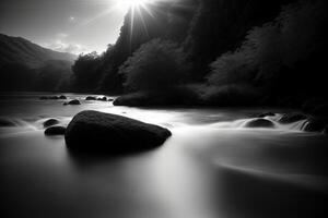 une noir et blanc photo de une rivière. ai généré