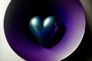 une cœur en forme de objet séance à l'intérieur de une violet bol. ai généré photo