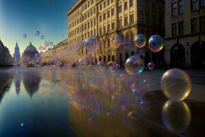 une bouquet de savon bulles flottant dans le air. ai généré photo