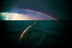 une arc en ciel dans le ciel plus de une blé champ. ai généré photo