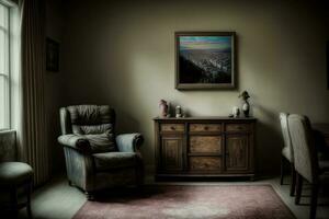 une chaise et une table dans une chambre. ai généré photo