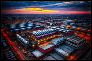 un aérien vue de une train station à le coucher du soleil. ai généré photo