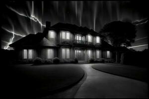 une noir et blanc photo de une maison à nuit. ai généré