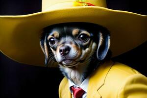 une petit chien portant une Jaune cow-boy chapeau. ai généré photo