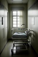 une hôpital lit dans une vaguement allumé chambre. ai généré photo