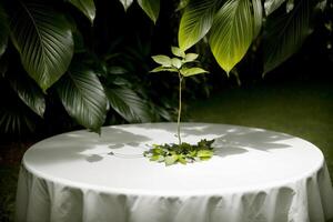 une blanc table avec une vert plante sur Haut de il. ai généré photo