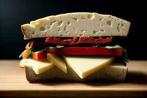 une sandwich avec fromage tomate et salade. ai généré photo