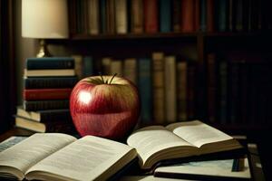 une rouge Pomme séance sur Haut de un ouvert livre. ai généré photo