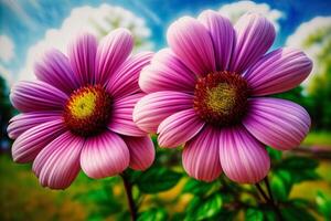 deux violet fleurs avec une bleu ciel dans le Contexte. ai généré photo