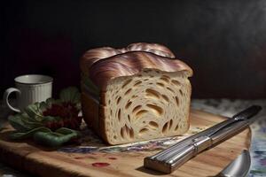 une pain de pain séance sur Haut de une en bois Coupe planche. ai généré photo