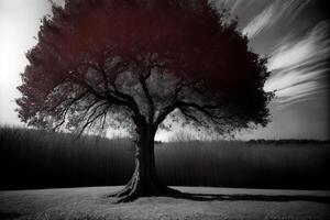 une noir et blanc photo de une grand arbre. ai généré