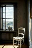 une chaise séance dans de face de une fenêtre suivant à une radiateur. ai généré photo