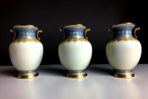 une groupe de Trois blanc des vases séance sur Haut de une tableau. ai généré photo