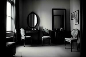 une noir et blanc photo de deux chaises et une miroir. ai généré