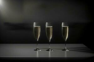 Trois des lunettes de Champagne séance sur une tableau. ai généré photo