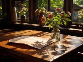 papier sur le en bois tableau, réel la photographie avec lisse éclairage et Soleil lumière ai produire photo