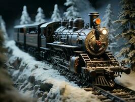 une train dans le neige avec foncé arrière-plan, insensé détail fabriqué par ai génératif photo