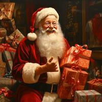 Père Noël claus amené cadeaux pour Noël et ayant une du repos par le cheminée. Accueil décoration. génératif ai La technologie photo