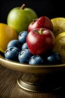 une proche en haut de une bol de fruit sur une tableau. ai généré photo