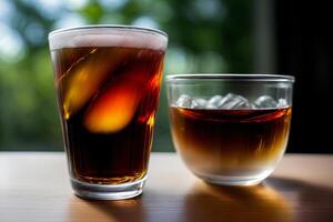 une verre de thé suivant à une bol de la glace cubes. ai généré photo