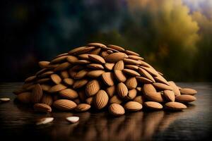 une pile de amandes séance sur Haut de une en bois tableau. ai généré photo