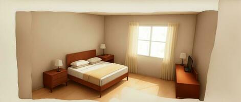 une lit pièce avec une soigneusement fabriqué lit et une la fenêtre. ai généré photo