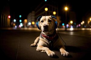 une chien cette est pose vers le bas avec écouteurs sur. ai généré photo