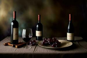 Trois bouteilles de du vin et deux des lunettes de du vin sur une tableau. ai généré photo