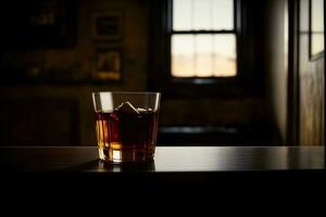 une verre de whisky séance sur Haut de une en bois tableau. ai généré photo