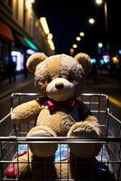 une nounours ours séance dans une achats Chariot. ai généré photo