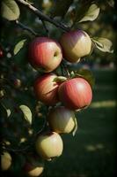 une bouquet de pommes pendaison de une arbre. ai généré photo