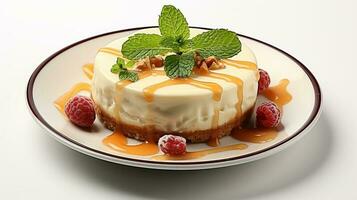 cheesecake plat avec blanc assiette dans blanc Contexte ai produire photo