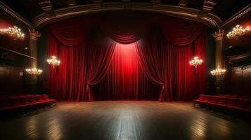 théâtre organiser, avec rouge rideau, en bois sol, chaises et éclairage ai génératif photo