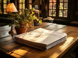 papier sur le en bois tableau, réel la photographie avec lisse éclairage et Soleil lumière ai produire photo