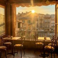 une panoramique paysage de une en retard après midi dans une authentique Italie café magasin ai génératif photo