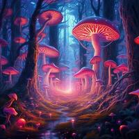 forêt rempli avec fantaisie néon des arbres et champignon ai génératif photo