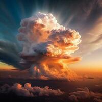 une énorme cumulonimbus nuage regards majestueux baignade dans une d'or Soleil lumière ai génératif photo