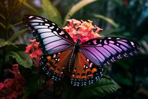 papillon sur une fleur dans une botanique jardin dans été. ai génératif photo