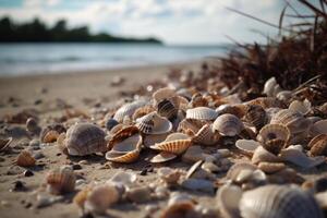 une plage plein de coquilles. ai génératif photo