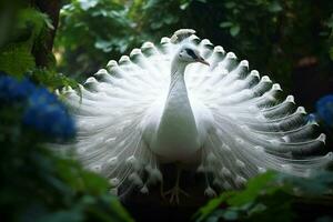 blanc paon avec ailes propager sur une arbre dans le jardin. ai génératif photo