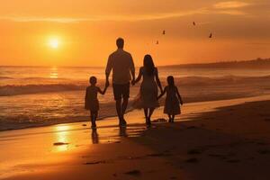 content famille en marchant à le plage à le coucher du soleil photo