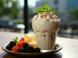 la photographie de bol smoothies dans café fabriqué avec ai génératif photo