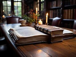 une la photographie de livre sur le en bois tableau, dans le bibliothèque ai génératif photo