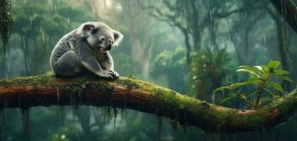 réaliste photo de une koala en train de dormir sur une arbre branche avec une forêt tropicale Contexte après pluie généré par ai