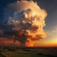 une énorme cumulonimbus nuage regards majestueux baignade dans une d'or Soleil lumière ai génératif photo