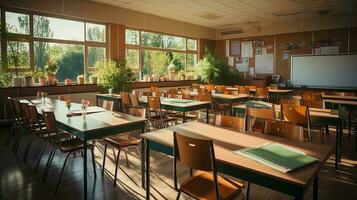 école classe dans lumière du jour. nettoyer intérieur avec tableau blanc, tiroir, chaises et les tables ai génératif photo