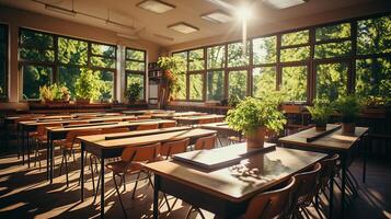 école classe dans lumière du jour. nettoyer intérieur avec tableau blanc, tiroir, chaises et les tables ai génératif photo