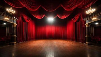 théâtre organiser, avec rouge rideau, en bois sol, chaises et éclairage ai génératif photo