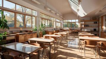 école classe dans lumière du jour. nettoyer intérieur avec tableau blanc, tiroir, chaises et les tables ai génératif photo