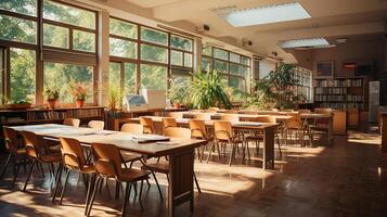 école classe dans lumière du jour. nettoyer intérieur avec tableau blanc, tiroir, chaises et les tables ai génératif photo